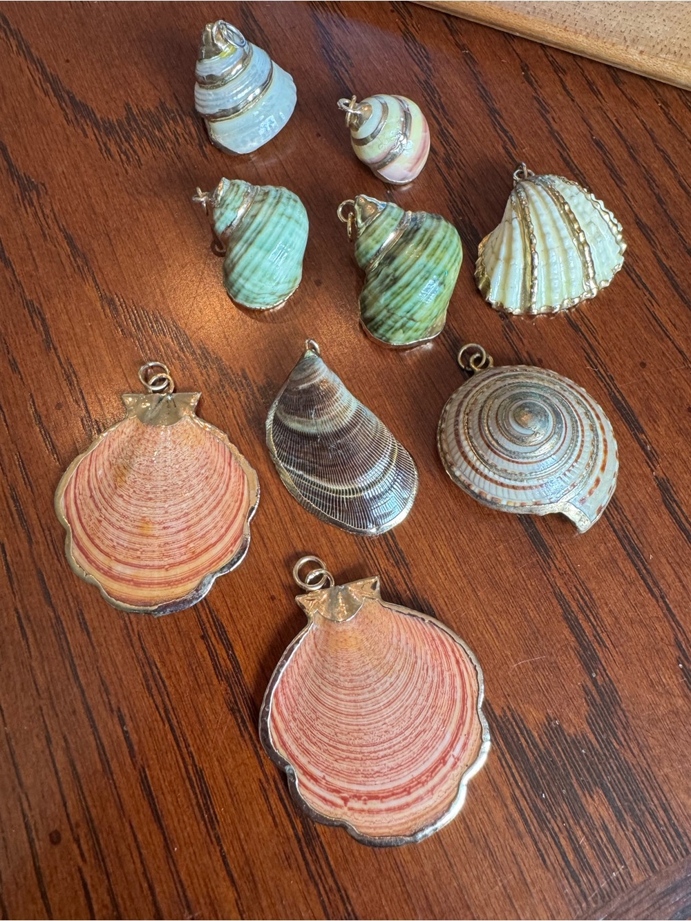 Mixed Lot of 9 Seashells Pedants Jewelry Making Supplies Gold Trim